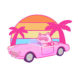 Pink Raccoon in a car