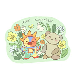 Sungod and rock bear in a flower field