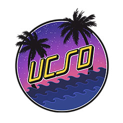 UCSD letters and palm tree with purple backdrop