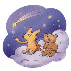 Rabbit and Teddy Bear sitting on a cloud