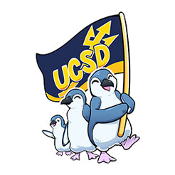 3 penguins with UCSD flag