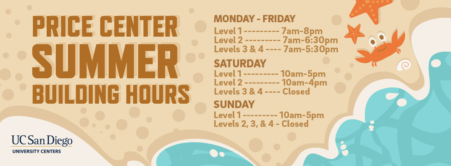 Price Center Building hours with ocean water and sand 