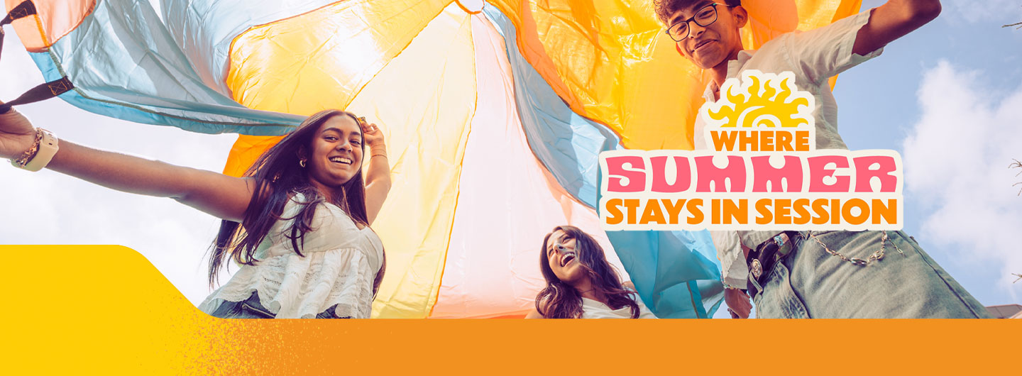 Summer image and graphic that says ' where summer stays in session', page links to summer building hours