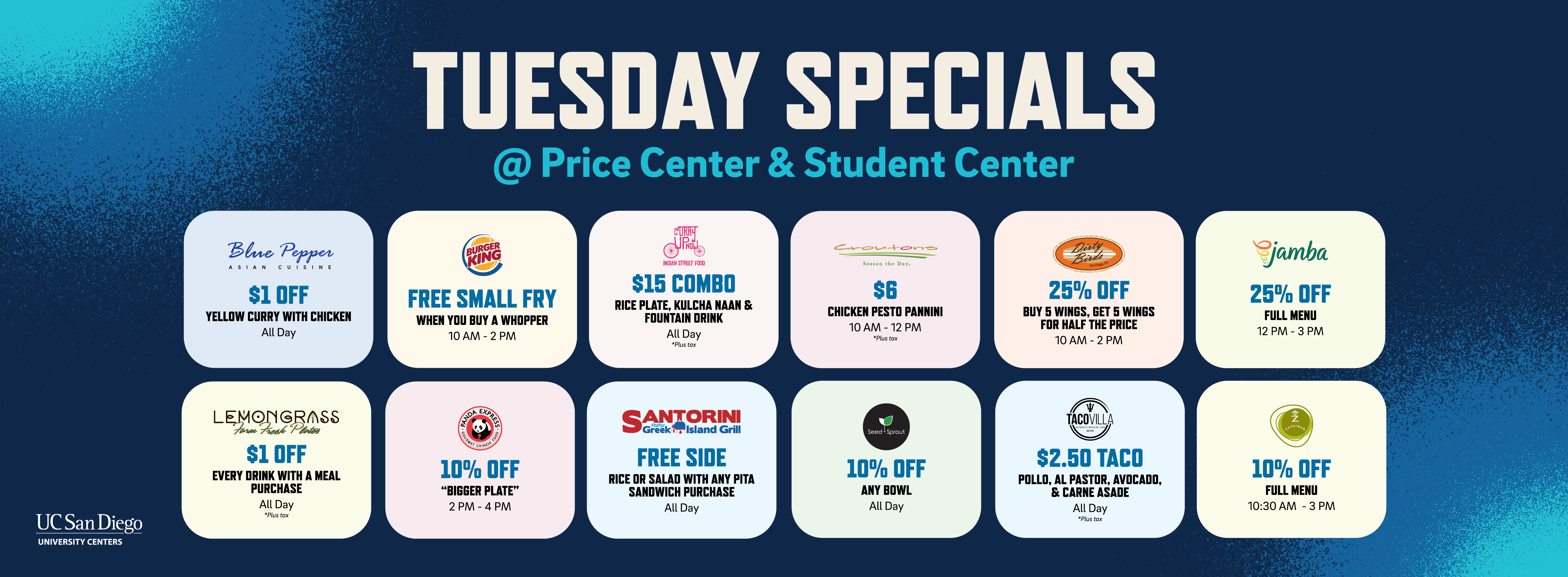 Collage of all the Tuesday Special deals at Price Center and Student Center.