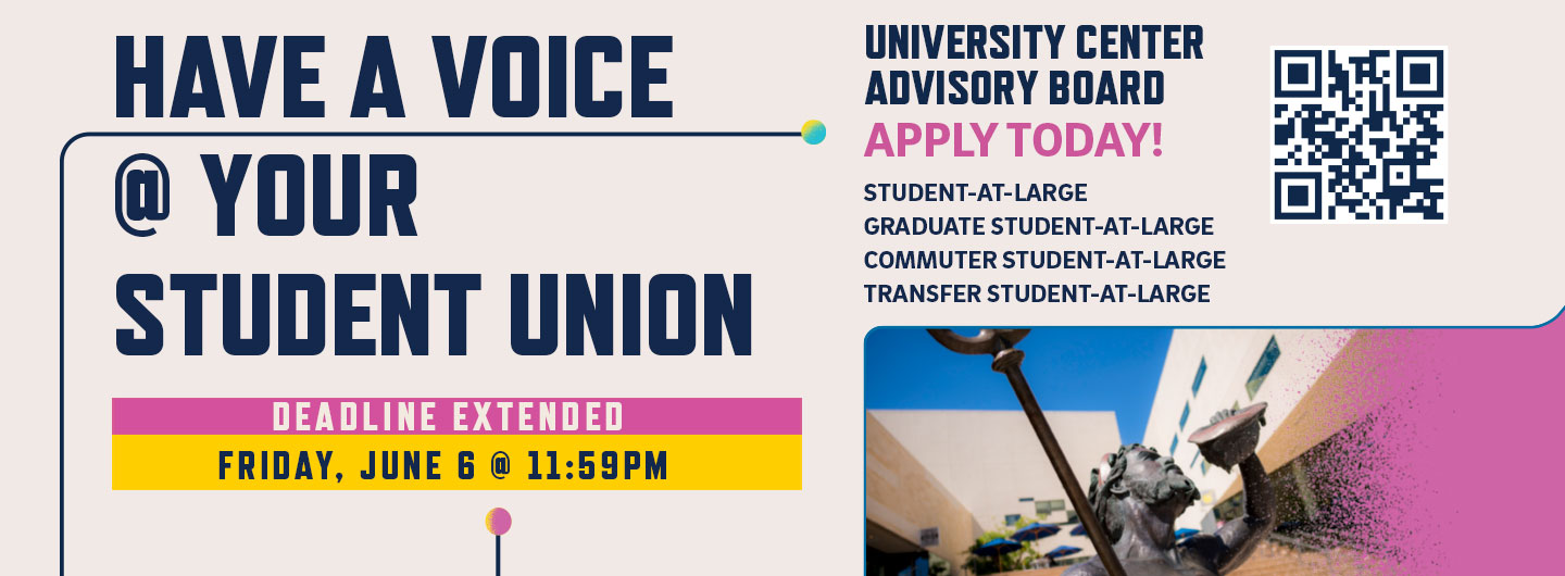 University Centers Advisory Board applications messaging, apply by Friday, May 9 at 11:59, image links to application page.