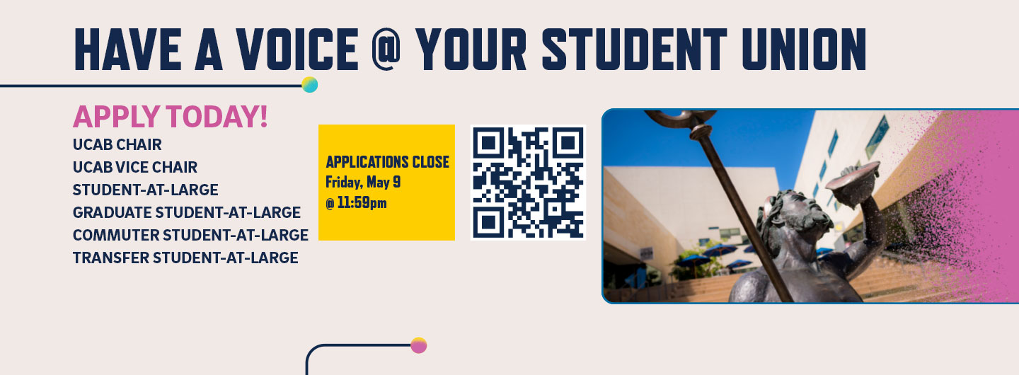 University Centers Advisory Board applications messaging, apply by Friday, May 9 at 11:59, image links to application page.