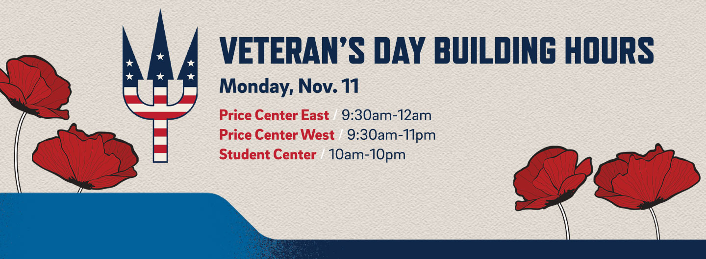 Red, white and blue tridents with Veteran's Day hours listed for Monday, November 11.