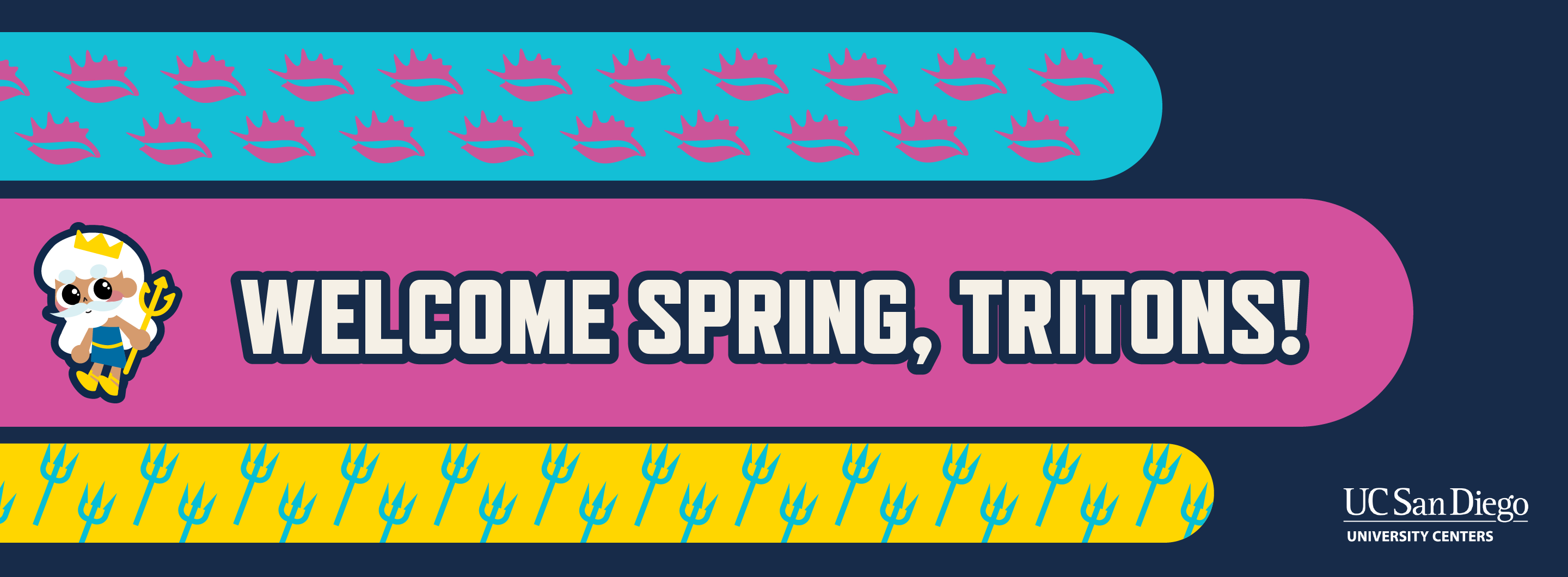 Text on graphics says ' Welcome Spring, Tritons!' and have a cartoon graphic of King Triton with icons on the tridents and conch shell repeated in a pattern.