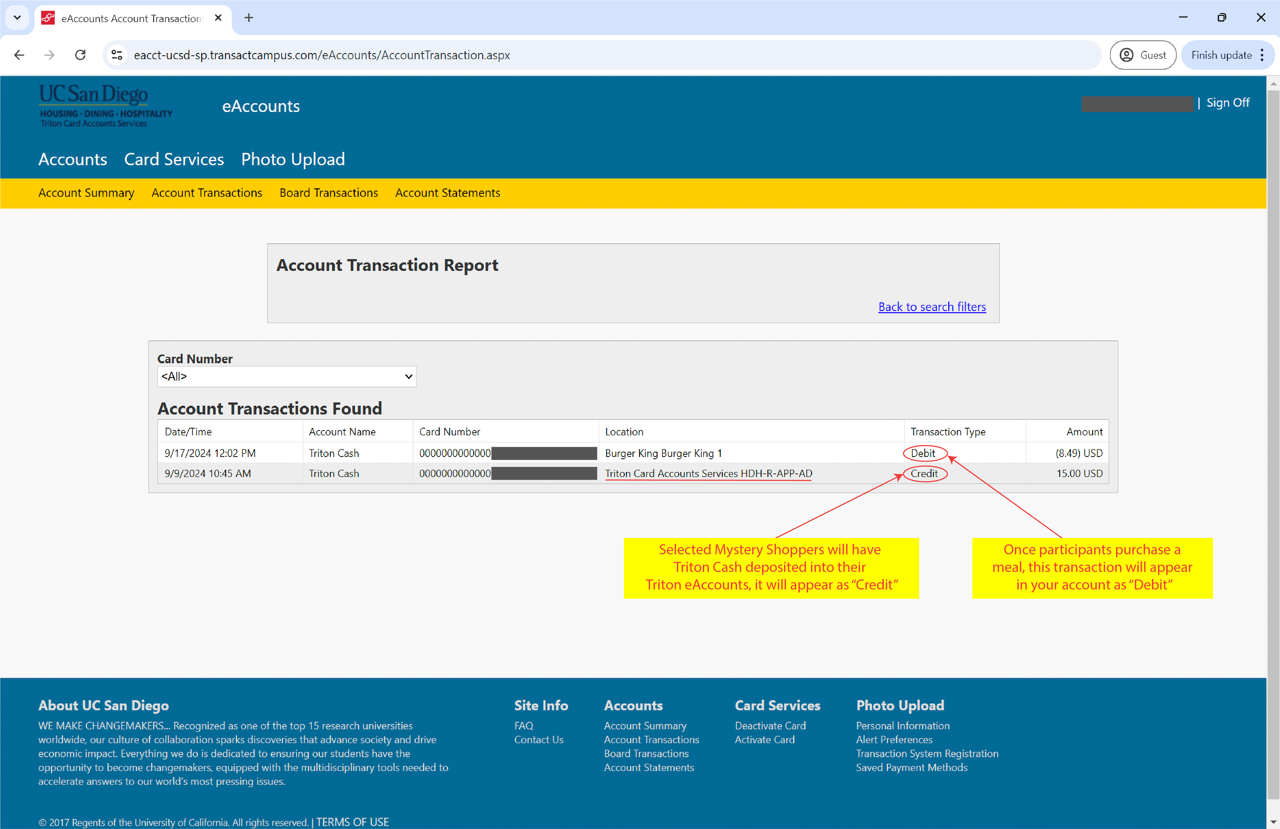 MysteryShopper Program Triton Cash Portal screenshot of transaction page.